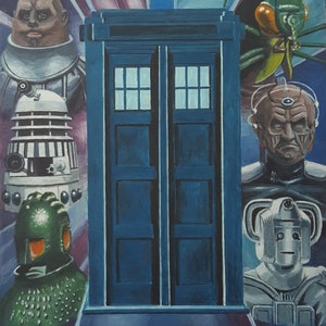 Dr Who DOCTOR WHO Original Art; TARDIS Time Tunnel 1974/75; Dalek, Cyberman, Davros, Ice Warrior, Sontaran, Original Acrylic Canvas Painting