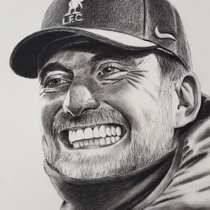 LIVERPOOL FC LFC Original Art: Jurgen Klopp, disegno originale a carboncino su carta (A4)