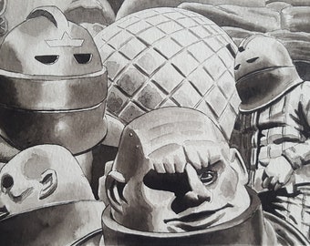 Dr Who Doctor Who Original ART - SONTARAN MONTAGE Ink Drawing on paper (20.5cm x 13cm) 'The Time Warrior'/ 'The Sontaran Experiment'