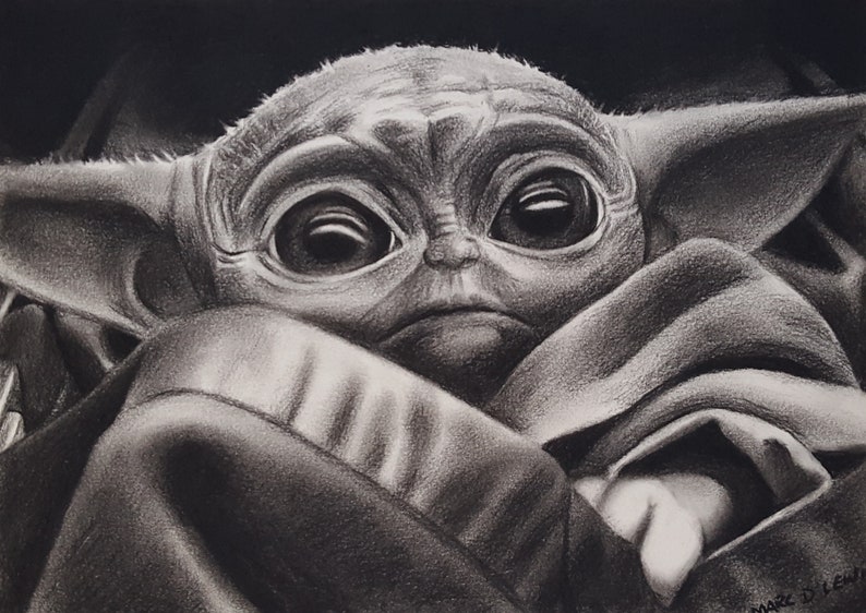 The Mandalorian Original Art Grogu Aka Baby Yoda Original Charcoal Drawing On Paper Drawing Illustration Art Collectibles