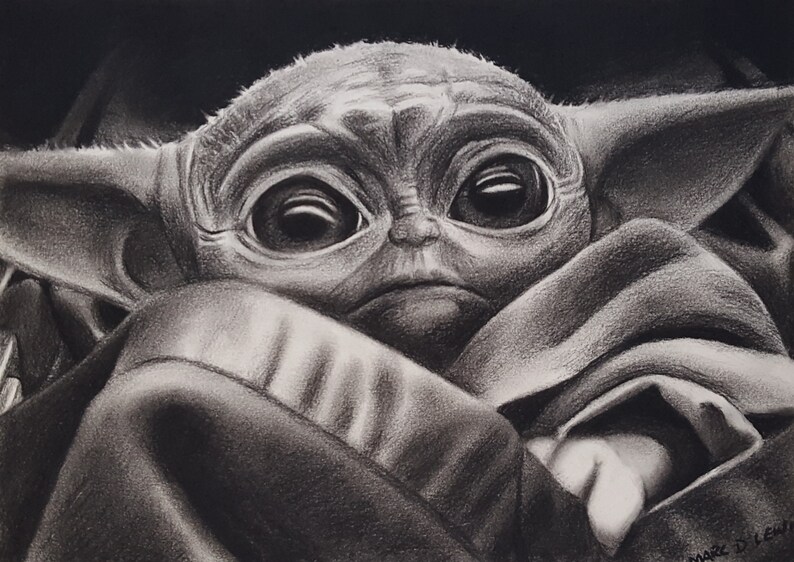 Art Collectibles The Mandalorian Original Art Grogu Aka Baby Yoda Original Charcoal Drawing On Paper Drawing Illustration