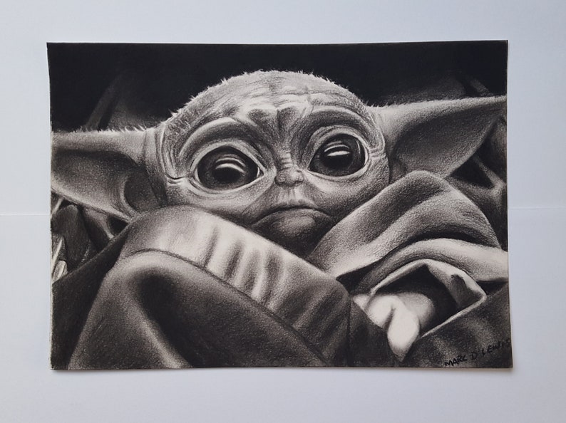 Art Collectibles The Mandalorian Original Art Grogu Aka Baby Yoda Original Charcoal Drawing On Paper Drawing Illustration