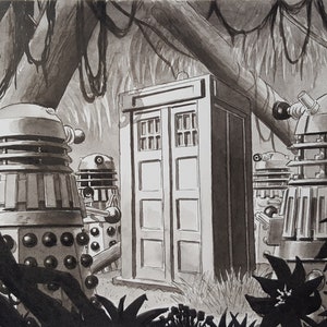 Dr Who DOCTOR Who Originale Zeichnung - TARDIS, Daleks 'Return to Kembel' Original Tuschezeichnung auf Papier