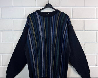 Pullover vintage taglia L maglione lavorato a maglia a righe anni '80 e '90