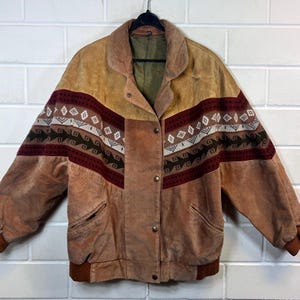 Veste Navajo Vintage Femme Taille L - XL Veste Navajo en Cuir Suédé Blouson Bomber 80s 90s