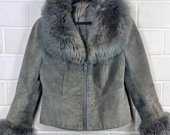 90s Suede Jacket S (IT 42) Women's – Vintage Suede Jacket with Faux Fur Collar Y2K