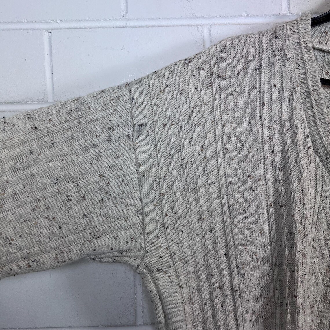 90s V-Neck Pullover Beige Melange Strickpullover XL Wool Blend Vintage Sweater, Foto 4 von 5