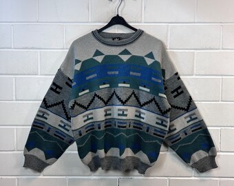 vintage Pullover Taille M motif fou Knit Sweater Jumper 80s 90s