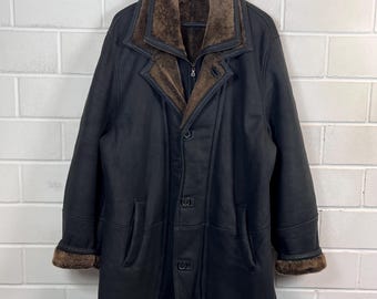 Vintage Men's Lambskin Jacket L – Shearling Coat 80s 90s – Leather Lambskin Coat Brown Anthracite – Winter Jacket