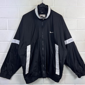 Vintage Nike Windbreaker Men L Black White Big Swoosh 90s Sports Jacket Nylon