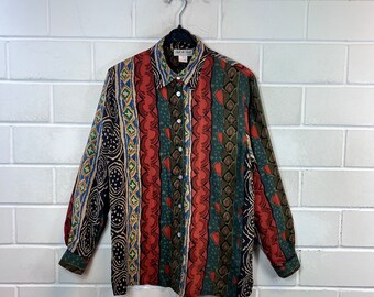 Vintage zijden blouse damesmaat M/L gekke patroon etnische zijden blouse met lange mouwen jaren '80 jaren '90