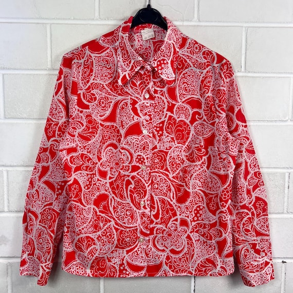 Vintage 70s Damen Bluse Paisley Rot Weiß Women L Retro Floral
