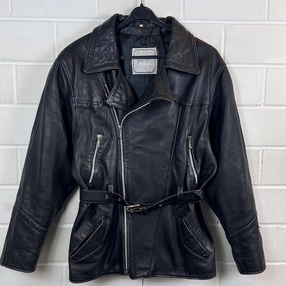 Vintage 90s Lederjacke Damen L – Schwarze Bikerjacke Echtleder – Taillierte Leather Jacket mit Gürtel – Minimal Grunge Jacket