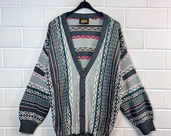 Vintage Cardigan Size L - XL crazy pattern Knit Jacket 80s 90s