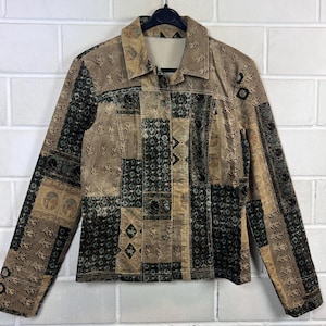 Y2K Velourjacka Dam M Patchworkjacka Boho Paisley Sammetsjacka Vintage Beige Brun