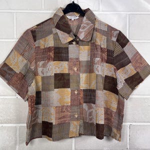Vintage Reworked Bluse Damen M L – Geometric Pattern Shirt Beige Braun Creme – Abstract Print Blouse
