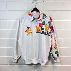 Vintage Women Size M crazy pattern Sweatshirt Sweater Pullover Quarterzip 80s 90s