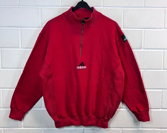 Adidas vintage Equipment Taglia S Felpa Maglione Pullover Quarterzip rosso anni '80 anni '90