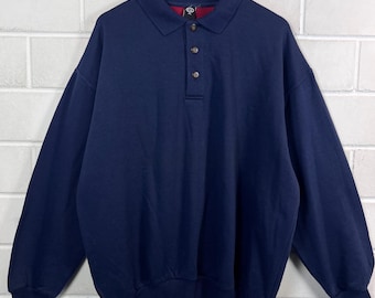 90s Polo Sweatshirt XL – Vintage Collared Crewneck Navy, Polo Collar Sweater Oversize Minimal