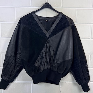 Vintage Leder Pullover Damen M Schwarz Leather Sweatshirt 90s Fledermausärmel