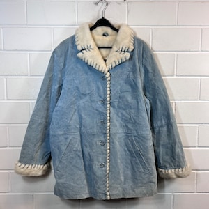 Vintage suede jacket women’s size L - XL lined suede leather jacket teddy fur light blue 90s Y2K