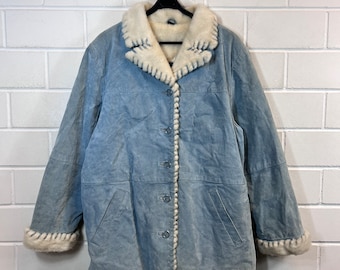 Vintage Suède Jas Dames Maat L - XL gevoerd Suède Leren Jas Teddy Bont lichtblauw 90s Y2K