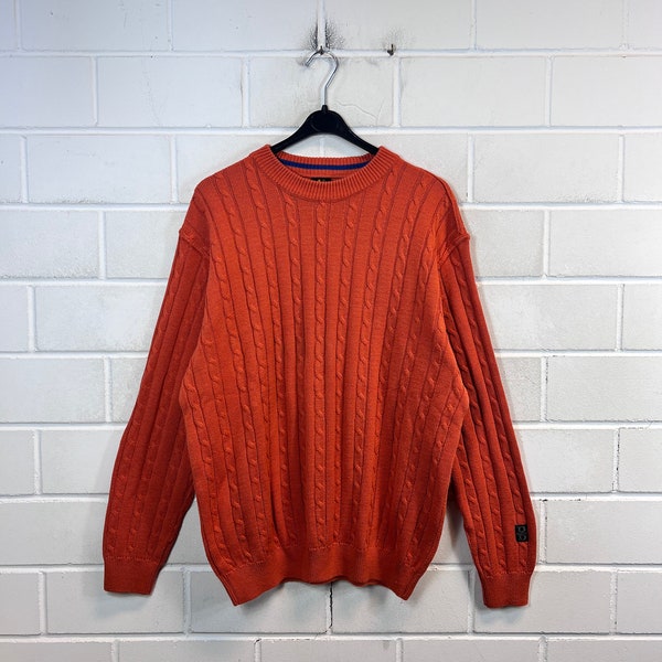 Vintage Baffo Pullover Size L Knit Sweater Jumper Cable Knit Orange 90s Y2K