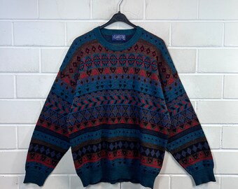 Vintage Pullover Taille XXL motif fou Knit Sweater Jumper laine vierge années 80 90