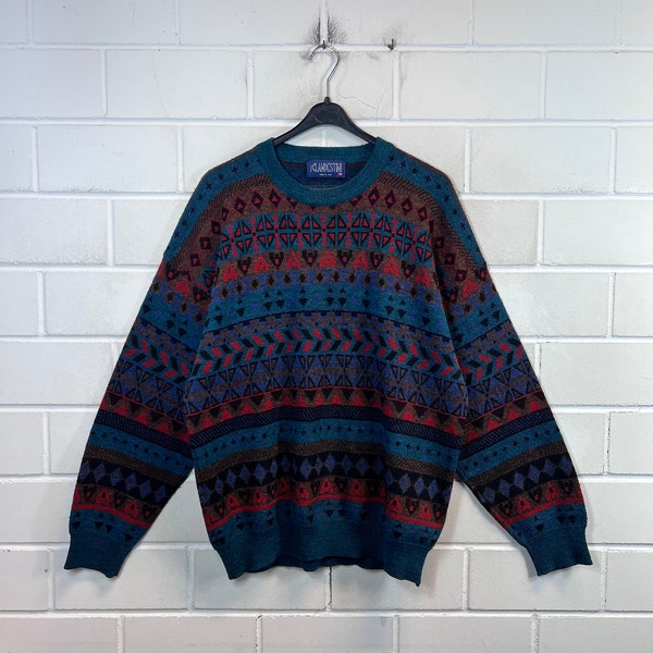 Vintage Pullover Size XXL crazy pattern Knit Sweater Jumper Schurwolle 80s 90s