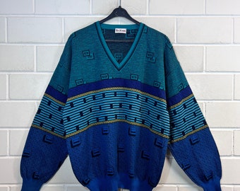 vintage Pullover Taille L motif fou Knit Sweater Jumper V-Col 80s 90s