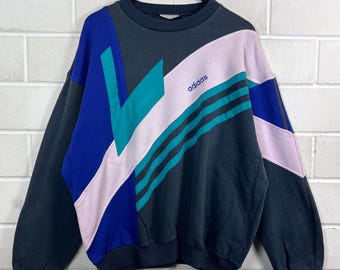 90s Adidas Trefoil Sweatshirt L XL Oversized Colorblock Pullover Vintage Adidas Sweater Blau Türkis