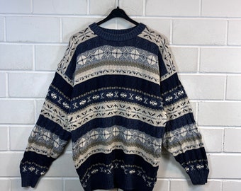 Vintage Pullover Size M - L Cotton Knit Sweater crazy pattern Strickpullover 80s 90s