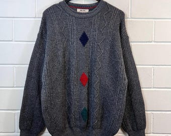 Suéter vintage de pura lã virgem | Suéter de tricô cinza dos anos 90 | Suéter retrô unissex | Tamanho M - G