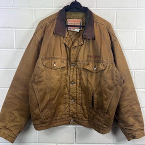 Giacca da lavoro Diesel vintage anni '90, tela marrone, colletto in pelle, Made in Italy, taglie XL XXL, giacca pesante