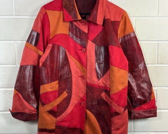 Vintage Patchwork Jacket Women M Red Bordeaux Orange 90s Artwear Jacket Leather