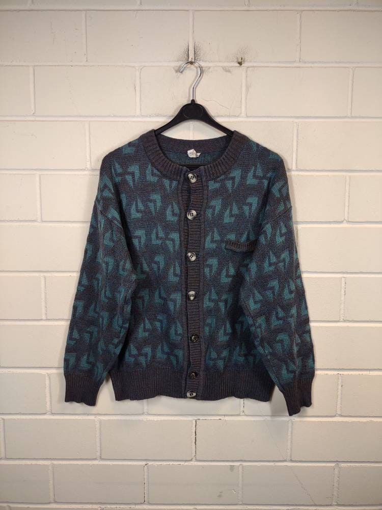 Vintage Size M Crazy Pattern Wool Cardigan Cardigan Jacket 80s 90s