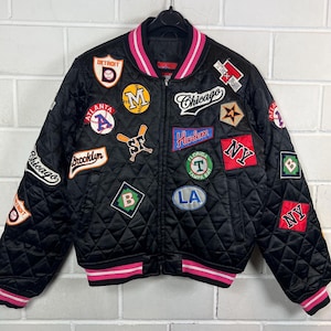 Vintage Y2K Patch Bomber Jacket Black Quilted Varsity Jacket S Baseball Jacket Streetwear College Jacket Pink Striped Bomber