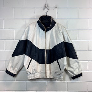 Veste en cuir vintage pour femme taille L - XL Blouson blanc bleu foncé années 80 90