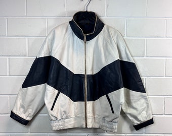 Vintage Women’s Size L - XL Leather Jacket Blouson white dark blue 80s 90s