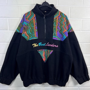 Vintage 90s Fleece Quarter Zip Men XL Black Abstract Pattern Colorblock Retro Pullover