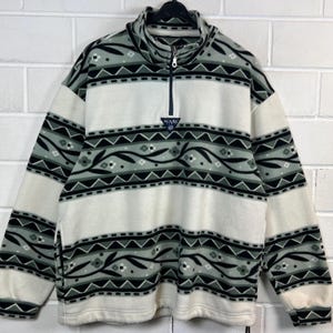 Vintage 90s Fleece Quarter Zip Pullover L XL Aztec Pattern Nordic Fleece Sweater Grün Beige