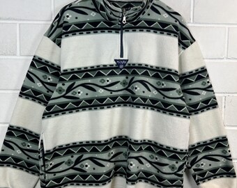 Vintage 90s Fleece Quarter Zip Pullover L XL Aztec Pattern Nordic Fleece Sweater Grün Beige