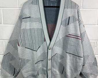 Vintage Bueckle 90s Pattern Knit Cardigan L XL Abstract Strickjacke Made in West Germany