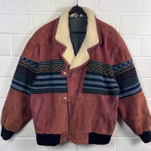 Vintage Navajo suède jas uit de jaren 90, herenmaat L, leren blouson met zuidwestelijk patroon