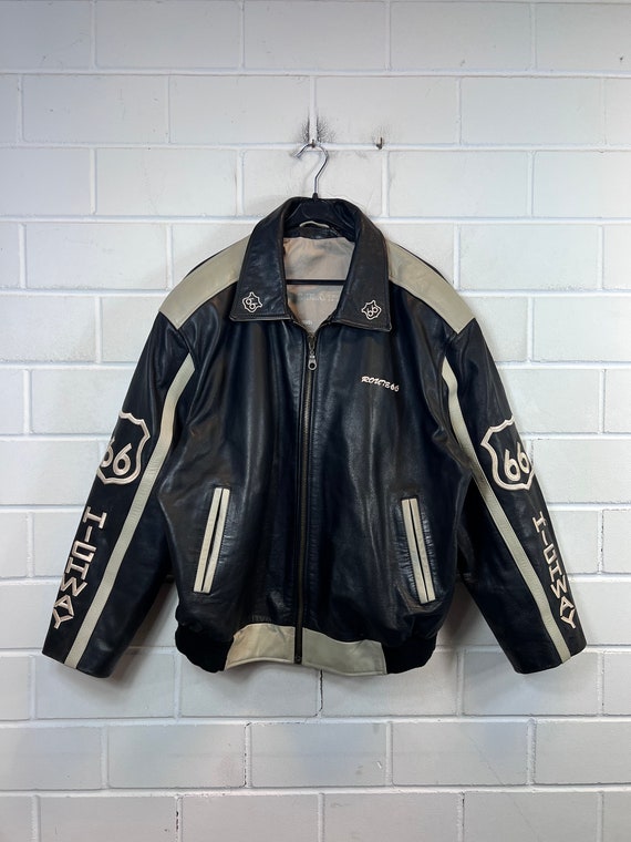 Route 66 leather shop jacket with hood