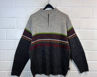 Vintage Pullover Size L crazy pattern Knit Sweater Quarterzip 90s Y2K