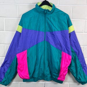 Giacca a vento vintage anni '90, giacca color block, giacca sportiva verde, viola, rosa, giacca da festival, unisex taglia L