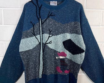 90s Vintage Knit Sweater Scenic Pullover Blue Pattern Jumper M