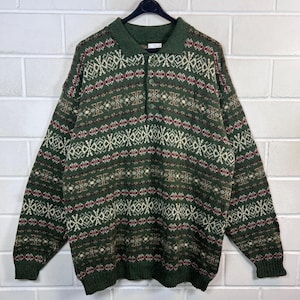 Vintage Norwegian Polo Sweater Men L 90s Green Pattern Fair Isle Wool Sweater Wollpullover