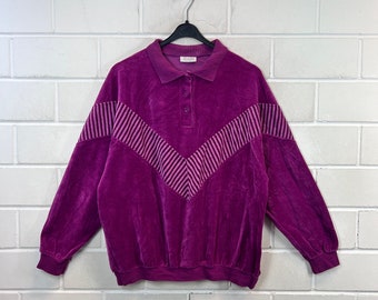 Vintage Frottee Samt Polo Sweater Women’s Size XL Pullover Buttons magenta 80s 90s